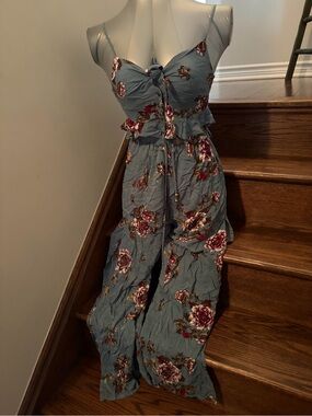 Skylar + Madison Dusty Blue Floral Tie-Front Wide-Leg Pant Set